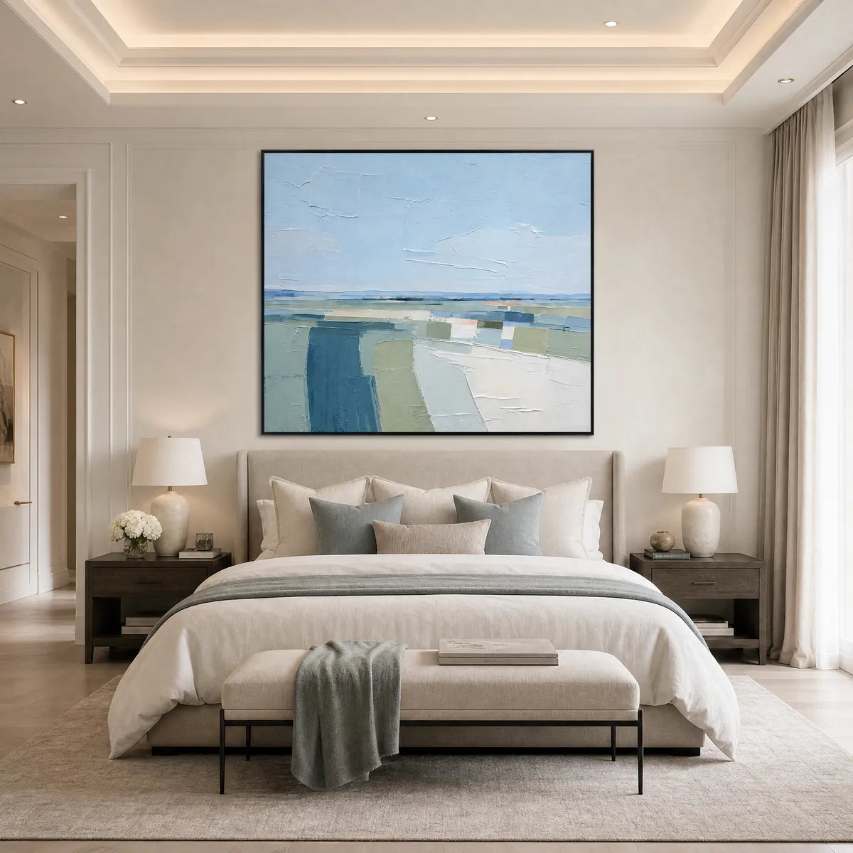 Abstract coastal landscape painting in blue, green, and white above a modern bedroom bed