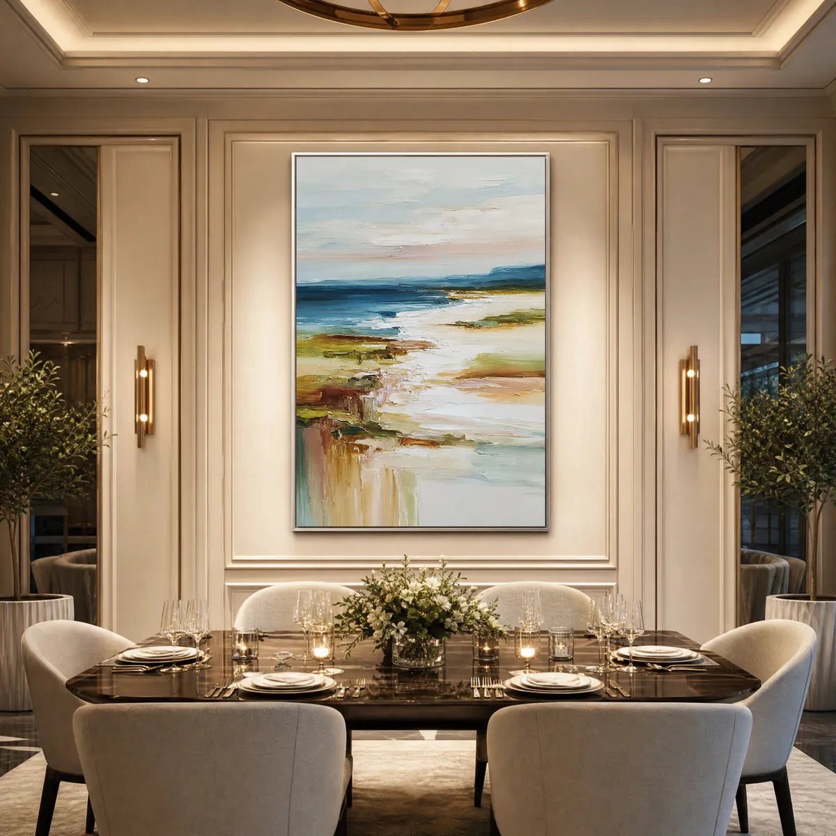 Vertical abstract seascape oil painting in blue, white, and earthy tones above elegant dining table