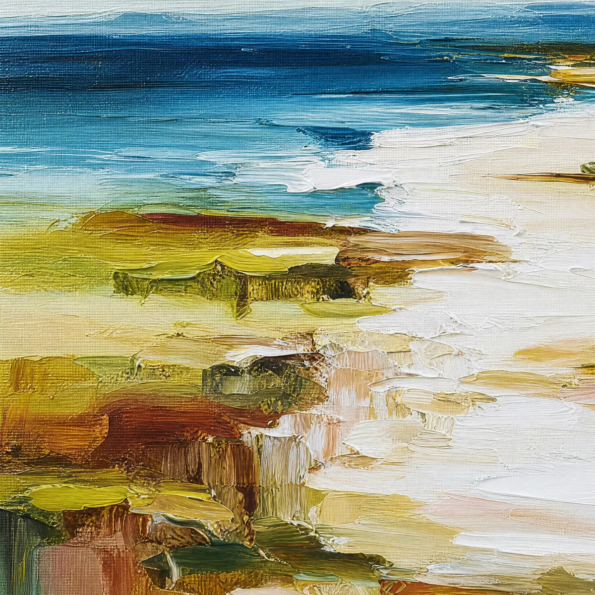 Textured abstract seascape oil painting with blue ocean, white surf, and earthy shoreline