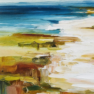 Textured abstract seascape oil painting with blue ocean, white surf, and earthy shoreline