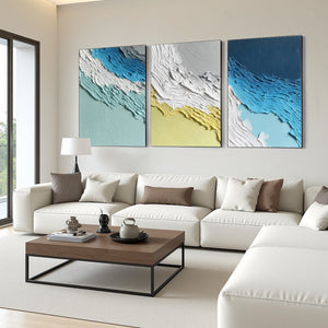 Original textured abstract triptych wall art, impasto seascape, 'Coastal Rhythm'.