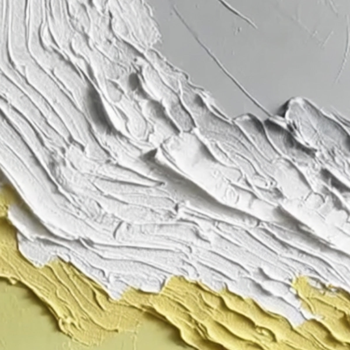 Textured impasto detail of an abstract seascape triptych, white, grey, and yellow original painting.