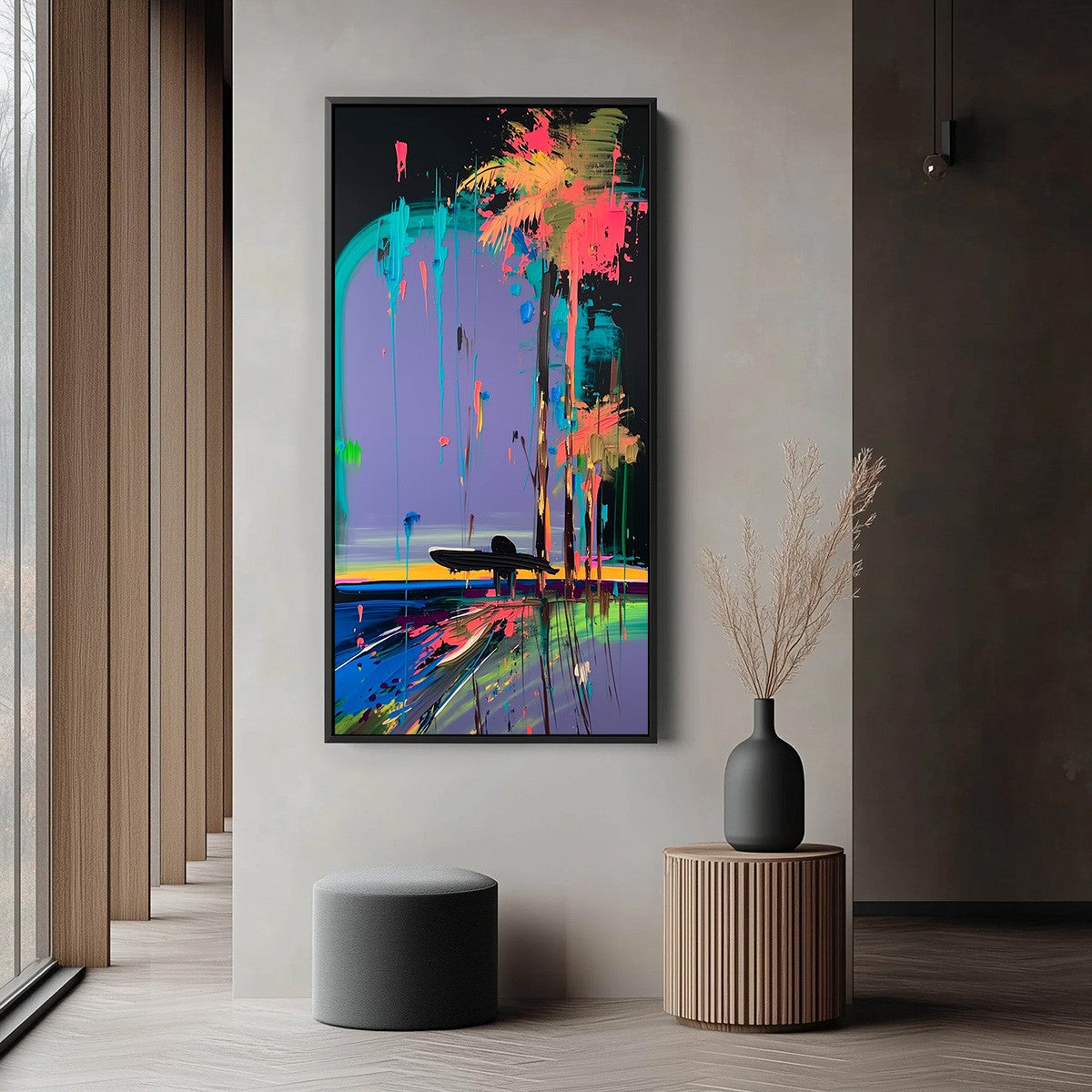 COASTAL RUSH: Vibrant Abstract Surfer and Palm Tree Oil Painting