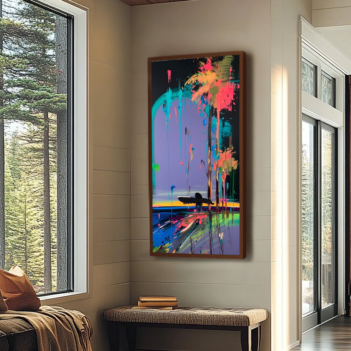 COASTAL RUSH: Vibrant Abstract Surfer and Palm Tree Oil Painting