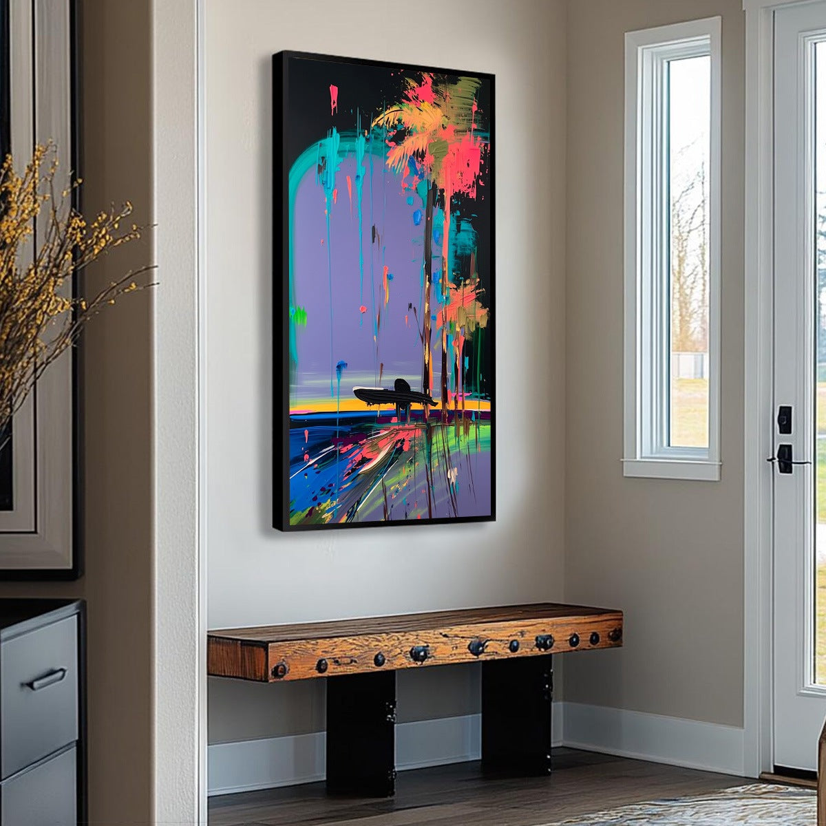 COASTAL RUSH: Vibrant Abstract Surfer and Palm Tree Oil Painting