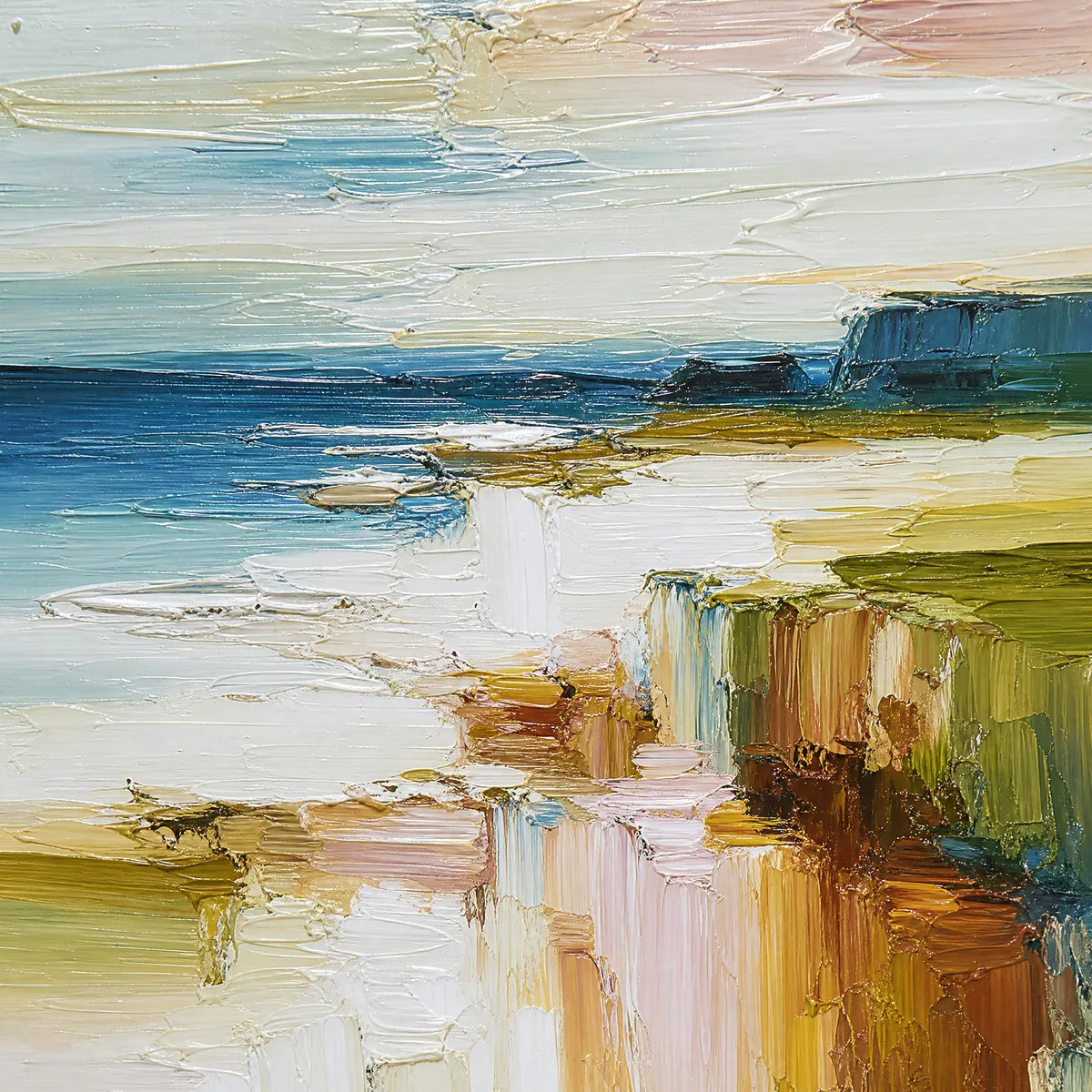 Textured abstract coastal landscape oil painting with blue sea, pale sky, and earthy cliffs
