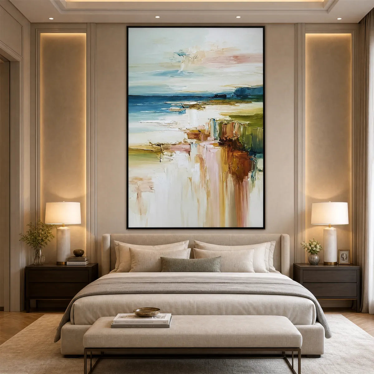 Textured abstract coastal landscape painting in blue, beige and warm earthy tones above bed