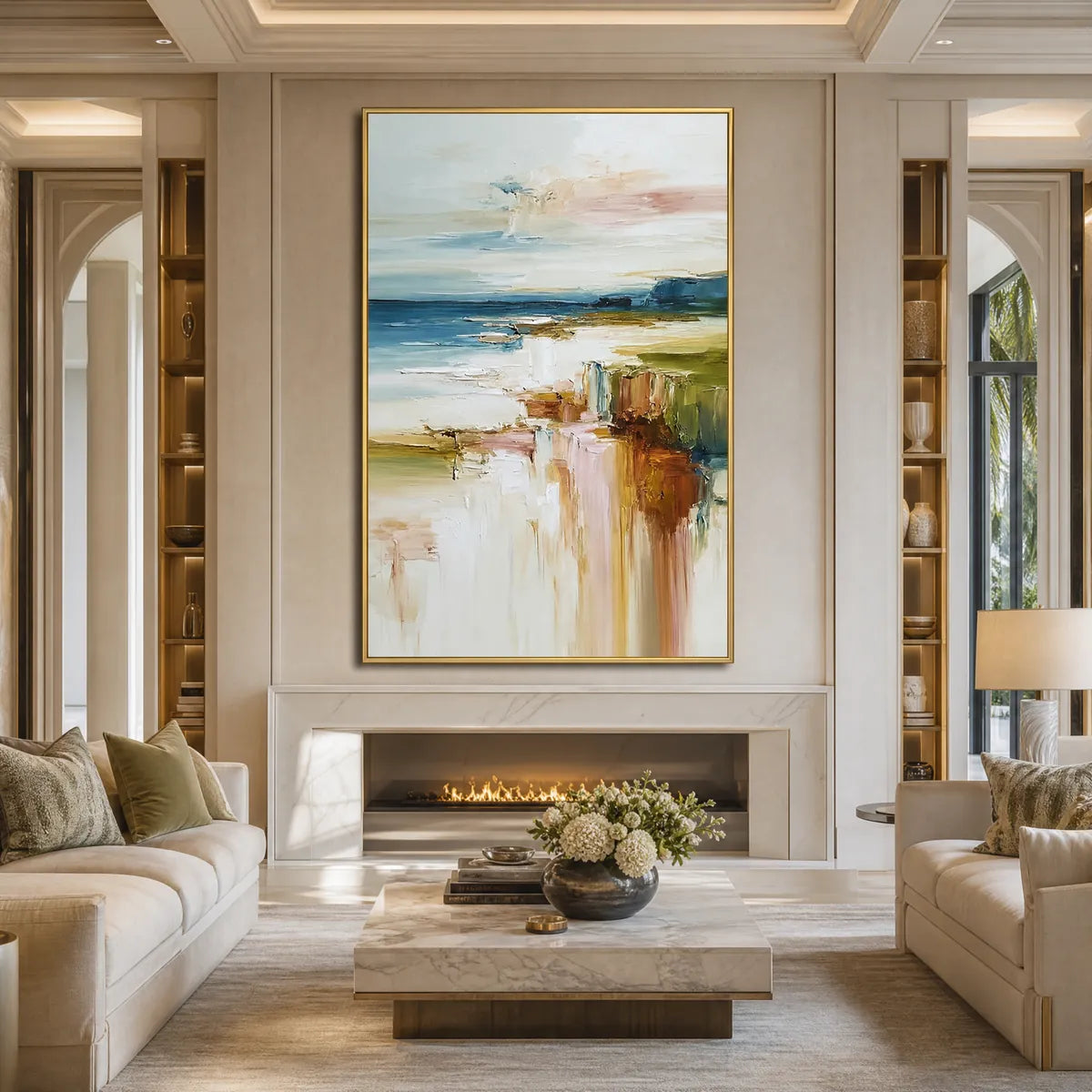 Textured abstract coastal landscape painting in gold frame above fireplace