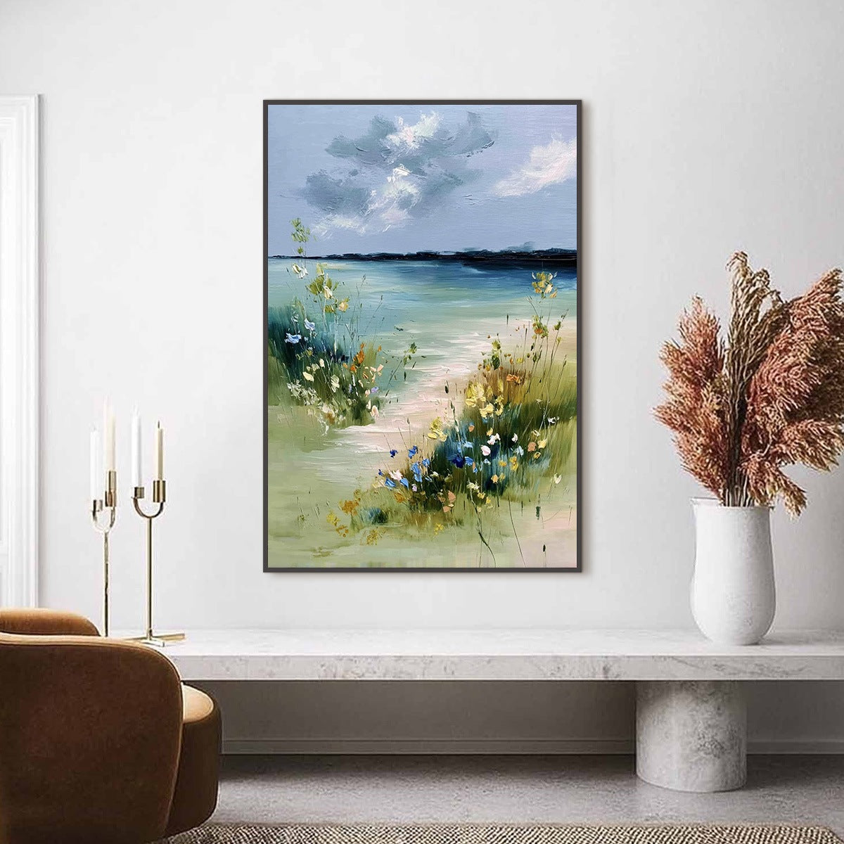 COASTAL SERENITY: Textured Vertical Seascape Painting with Wildflowers