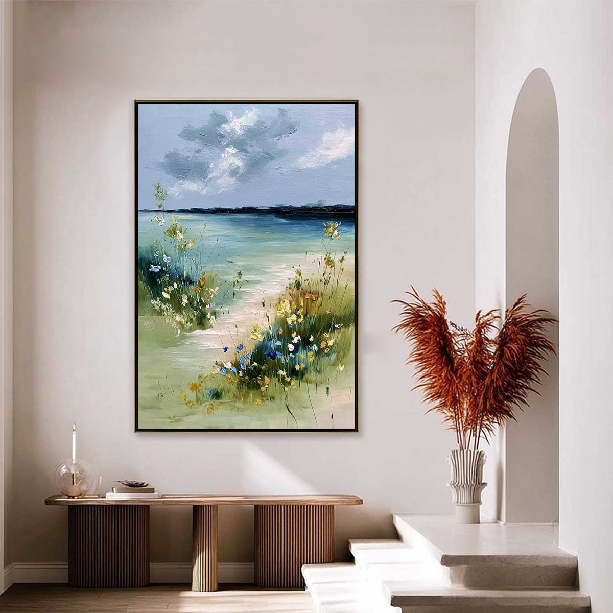 COASTAL SERENITY: Textured Vertical Seascape Painting with Wildflowers