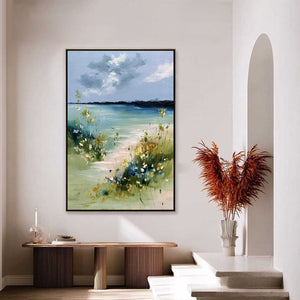 COASTAL SERENITY: Textured Vertical Seascape Painting with Wildflowers