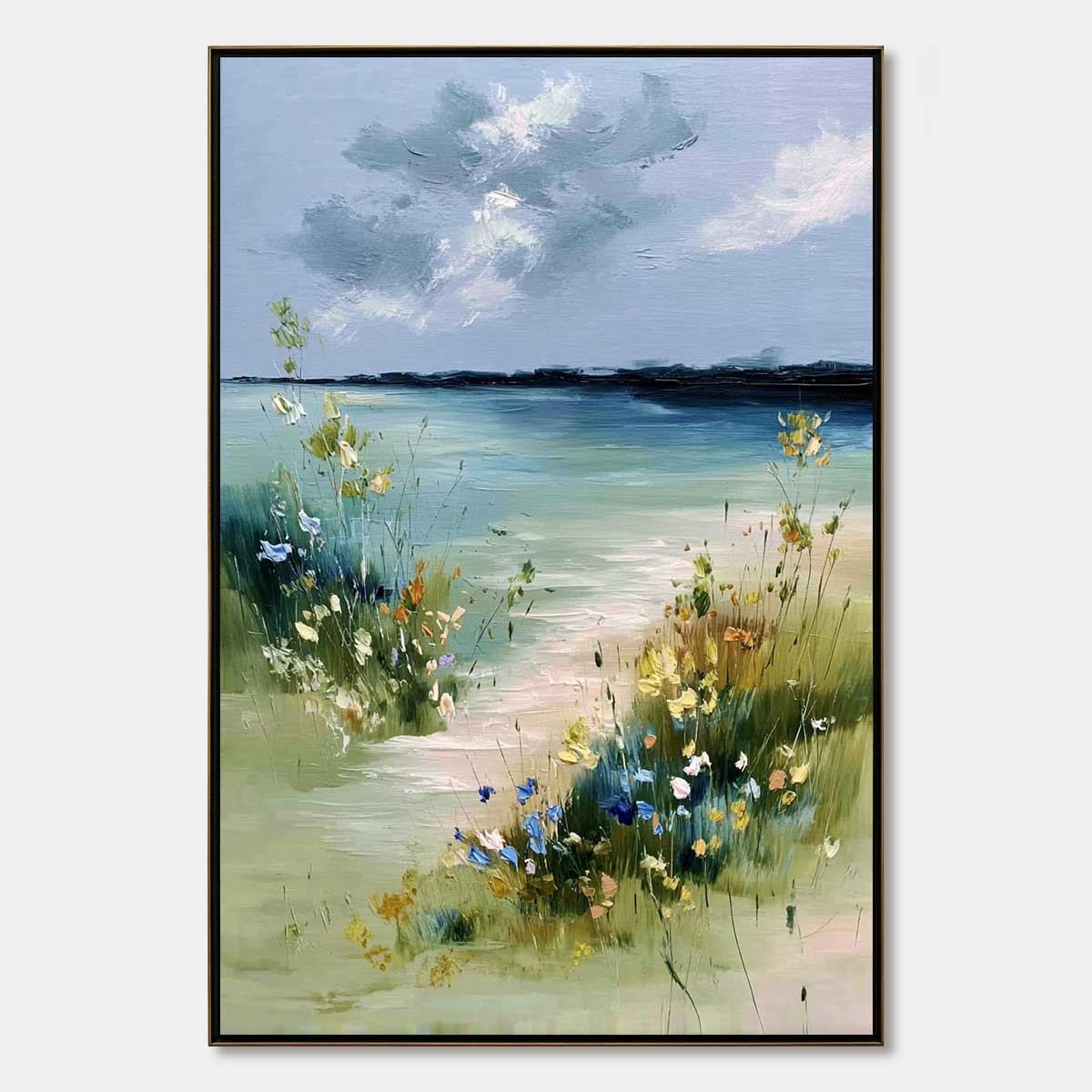 COASTAL SERENITY: Textured Vertical Seascape Painting with Wildflowers