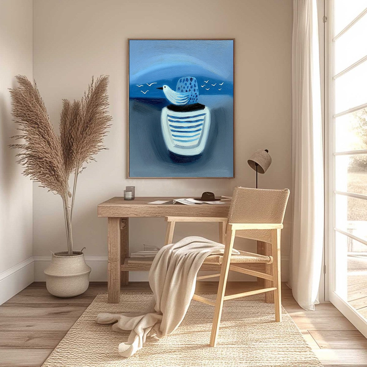 Original textured minimalist seascape oil painting 'Coastal Solitude' with bird.