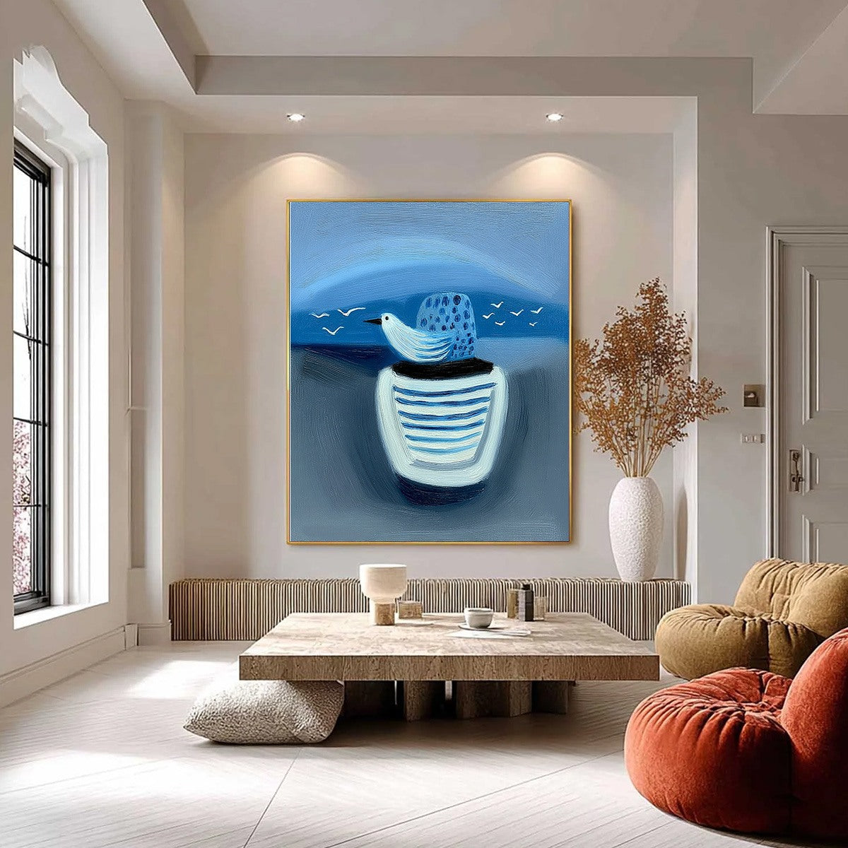 Coastal Solitude original oil painting: textured blue seascape, bird in striped pot.