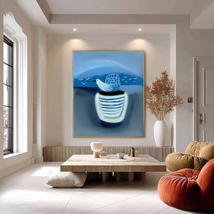 Coastal Solitude original oil painting: textured blue seascape, bird in striped pot.