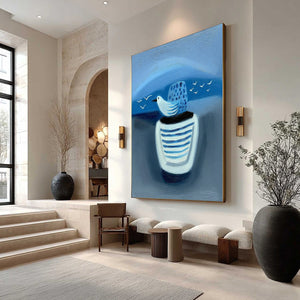 Original abstract seascape oil painting of a blue bird, minimalist wall art 'Coastal Solitude'.
