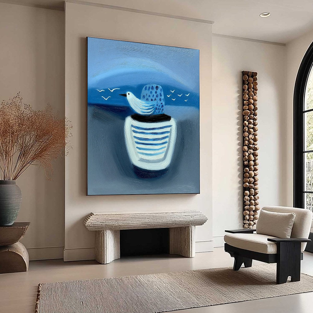 Original textured minimalist seascape oil painting 'Coastal Solitude' featuring a blue bird.