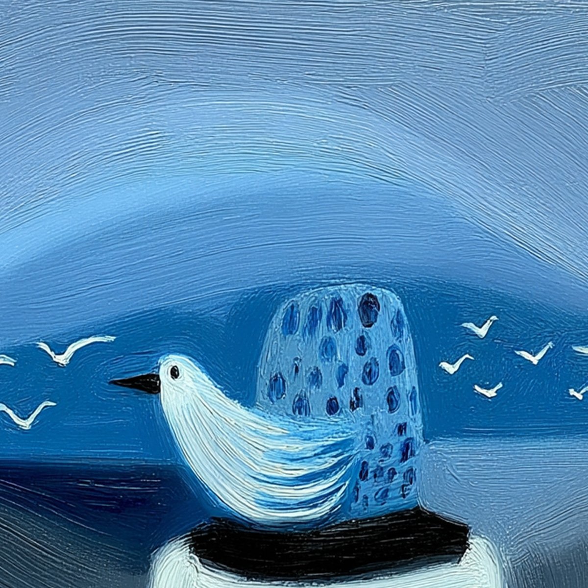 Textured abstract oil painting 'Coastal Solitude' seascape: minimalist art with bird figure and gulls.