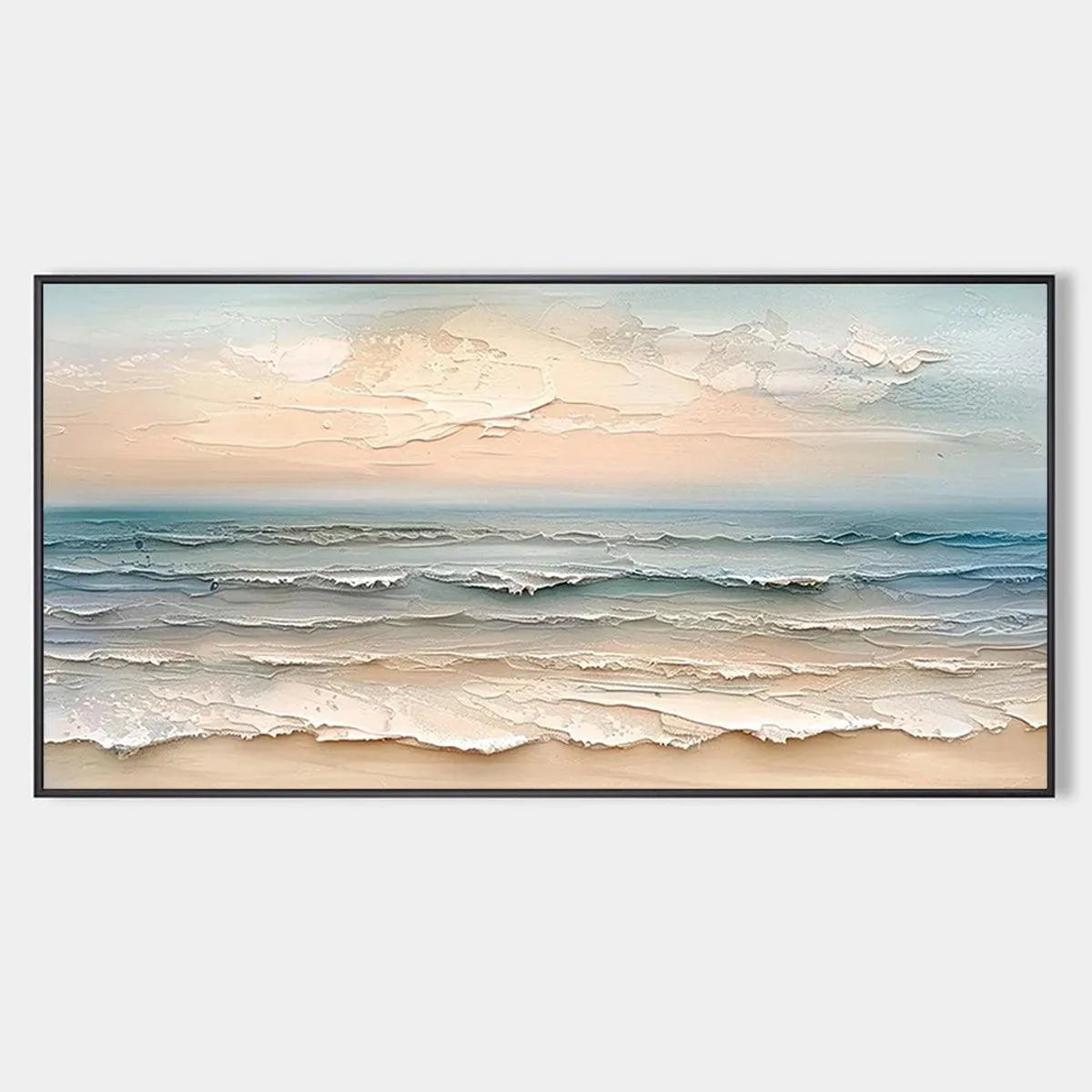 Textured Seascape Painting, Impasto Wall Art, Horizontal Canvas, Beach Decor