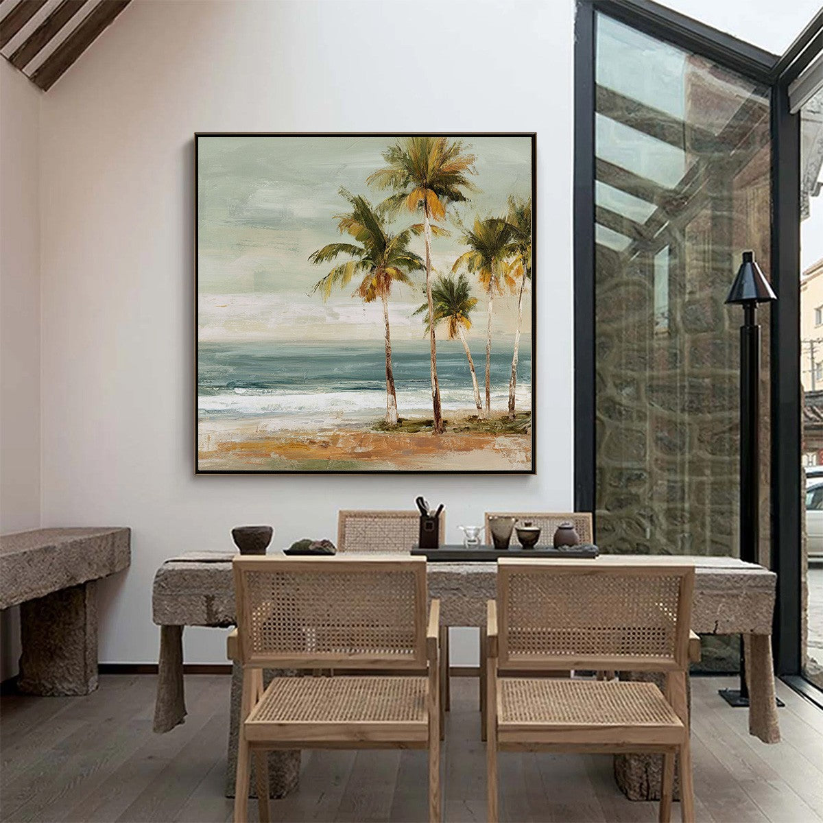 COASTAL WHISPER: Wabi Sabi Palm Tree Beach & Sea Painting