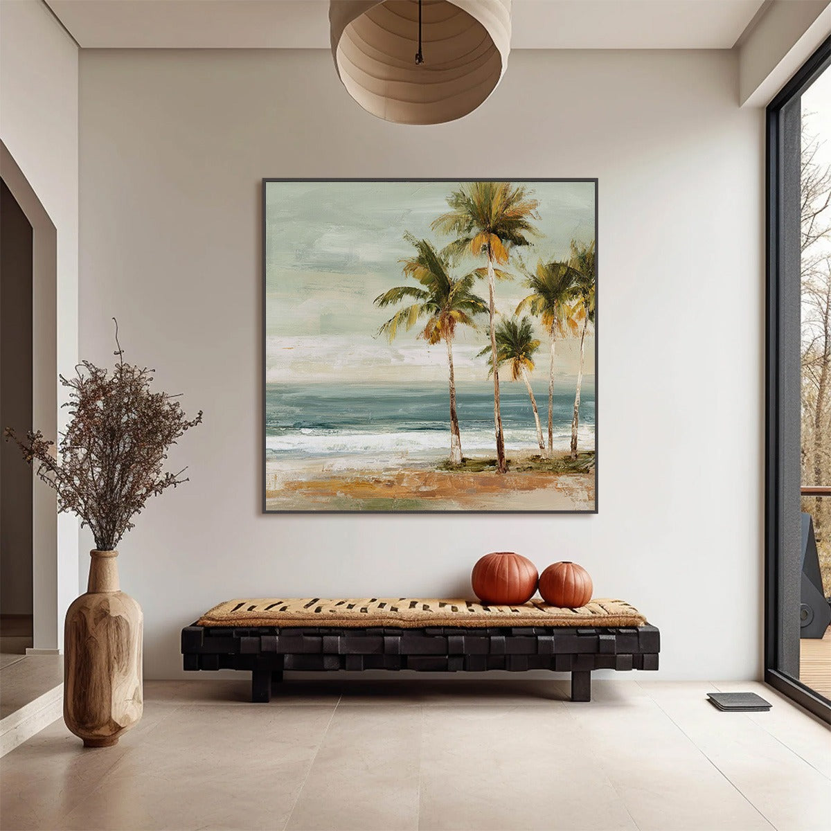 COASTAL WHISPER: Wabi Sabi Palm Tree Beach & Sea Painting