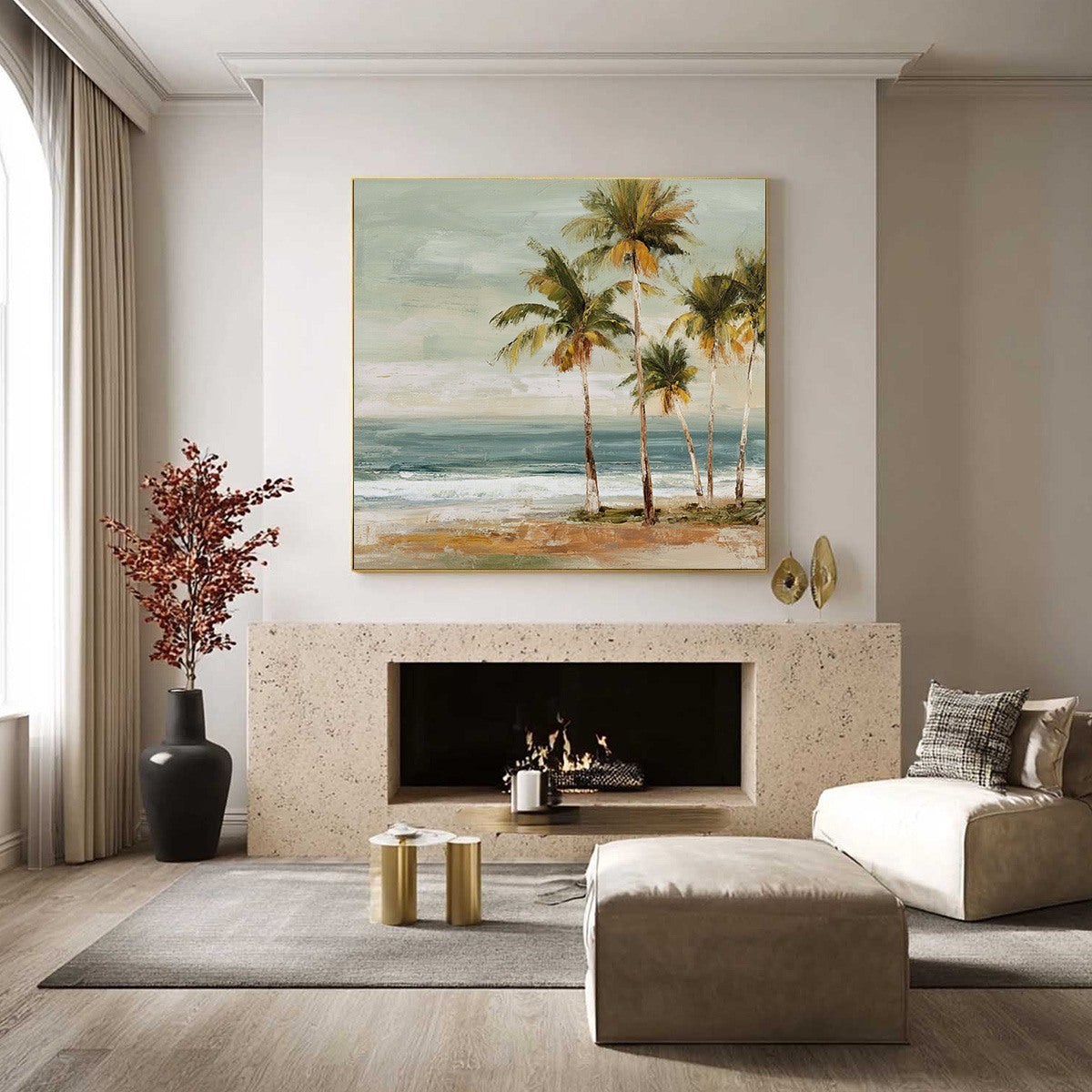 COASTAL WHISPER: Wabi Sabi Palm Tree Beach & Sea Painting