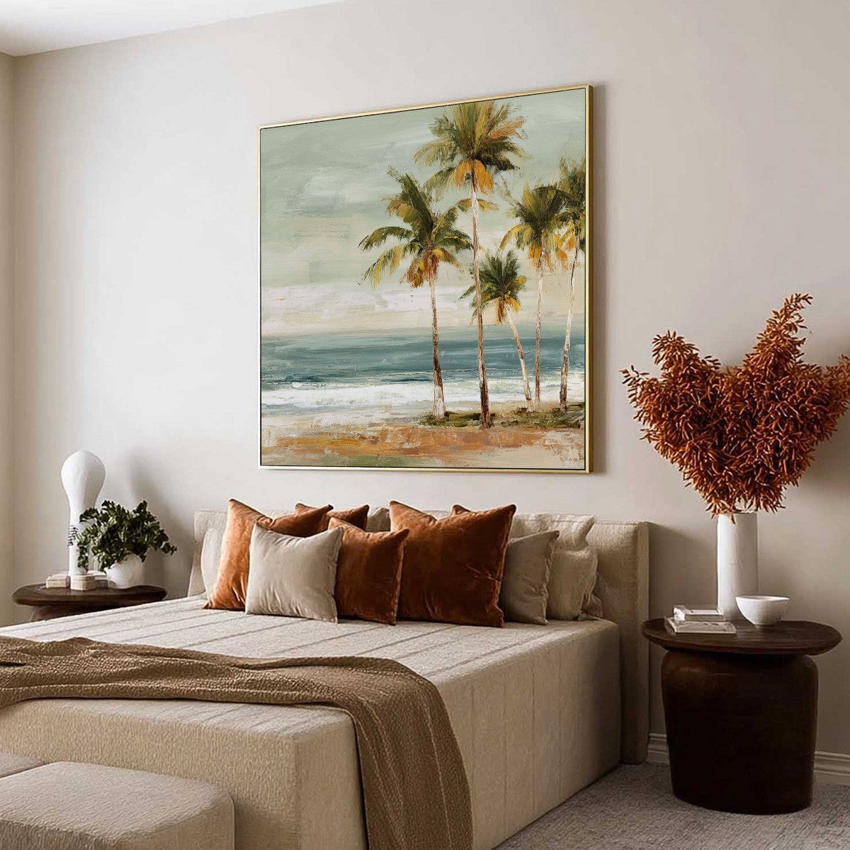 COASTAL WHISPER: Wabi Sabi Palm Tree Beach & Sea Painting