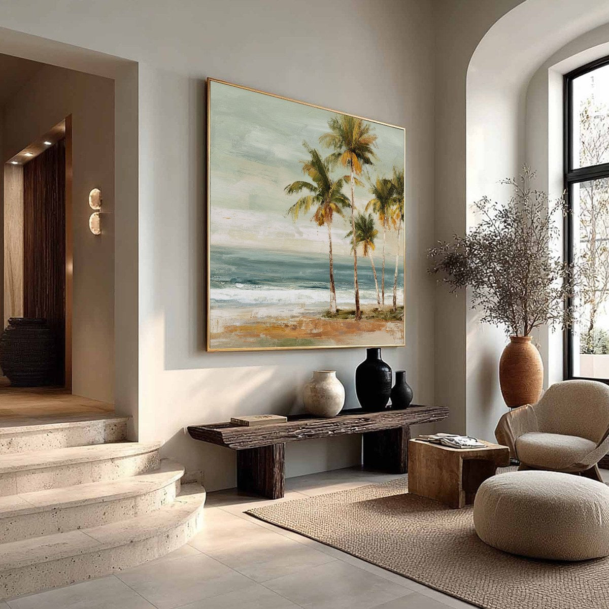 COASTAL WHISPER: Wabi Sabi Palm Tree Beach & Sea Painting