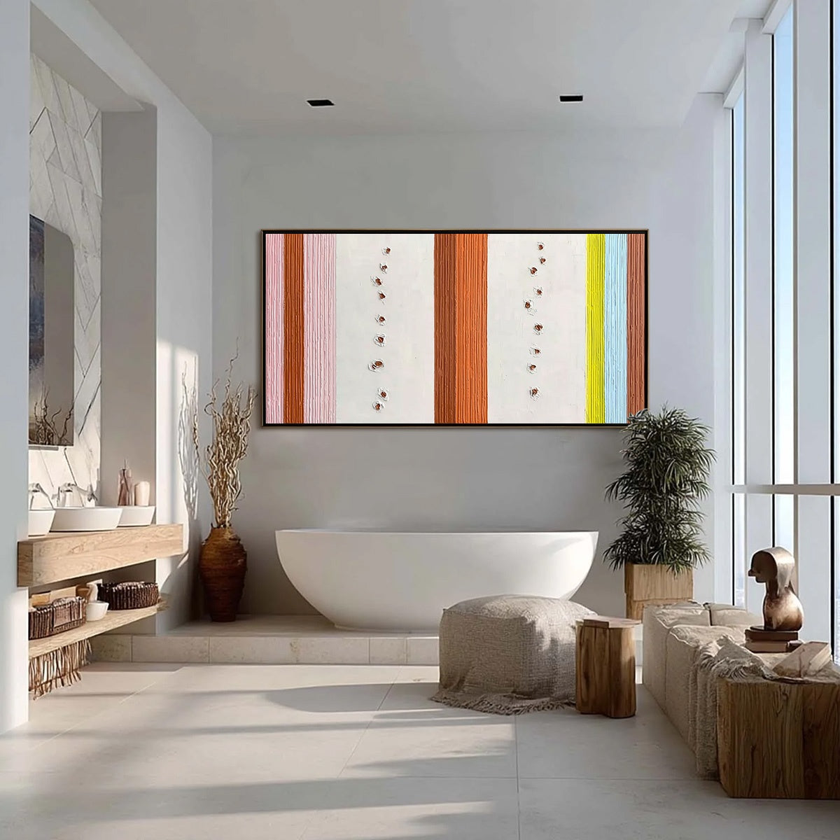 Handmade impasto abstract painting with pink, terracotta, yellow, blue stripes. Original modern wall art.