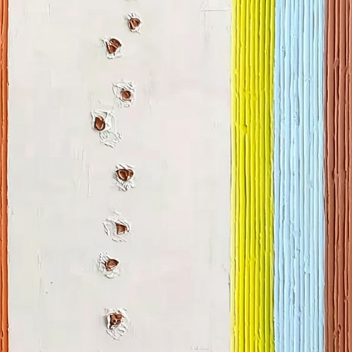 Original textured abstract impasto wall art painting with terracotta, yellow, and blue stripes.