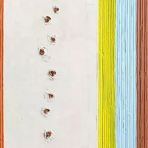 Original textured abstract impasto wall art painting with terracotta, yellow, and blue stripes.