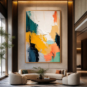Colorful abstract texture painting with thick acrylic strokes in a gold frame displayed in a luxury hotel lobby.