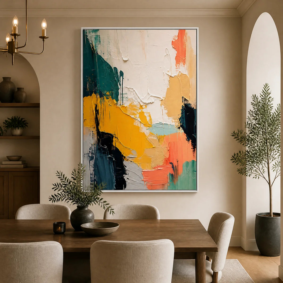 Colorful abstract texture painting with thick acrylic strokes in a white frame displayed in a refined dining room.