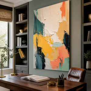 Colorful abstract texture painting with thick acrylic strokes displayed in a modern office.