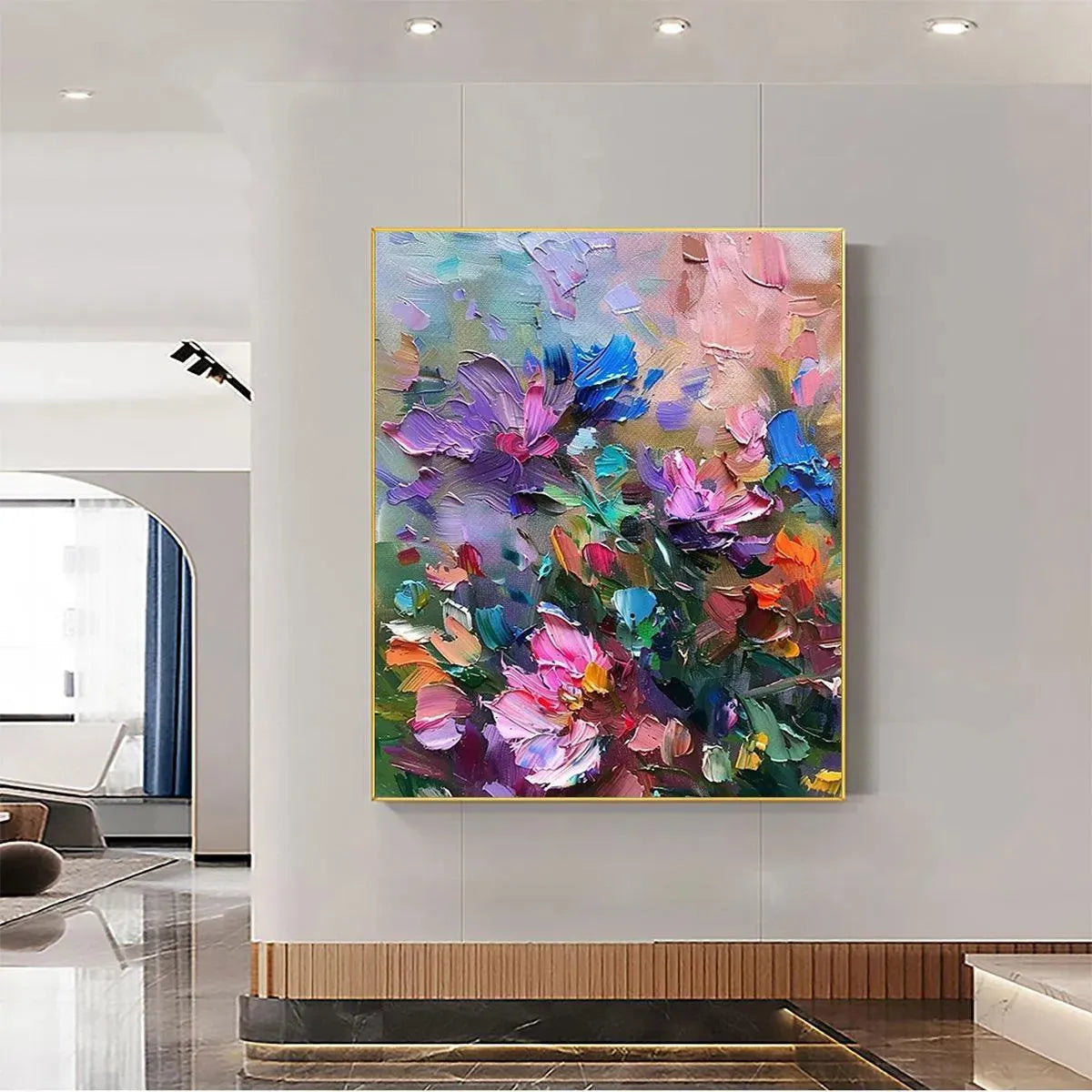 Colorful Bloom: Vertical impasto floral painting by Elodie Dubois, featuring vibrant colors and textured impasto