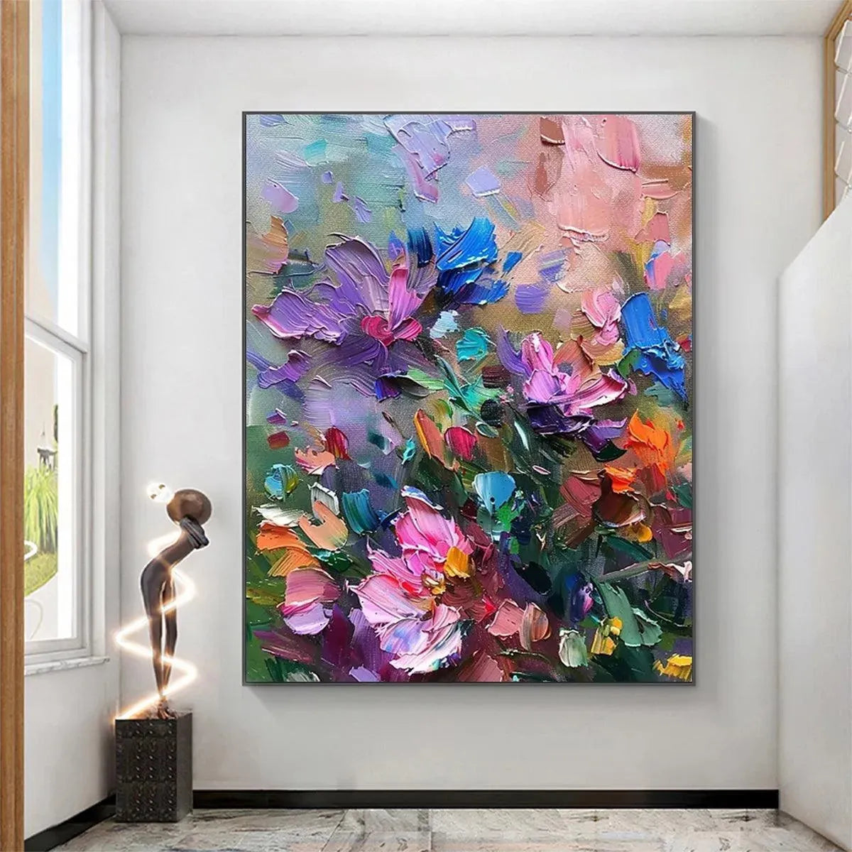 Colorful Bloom: Vertical impasto floral painting by Elodie Dubois, featuring vibrant colors and textured impasto
