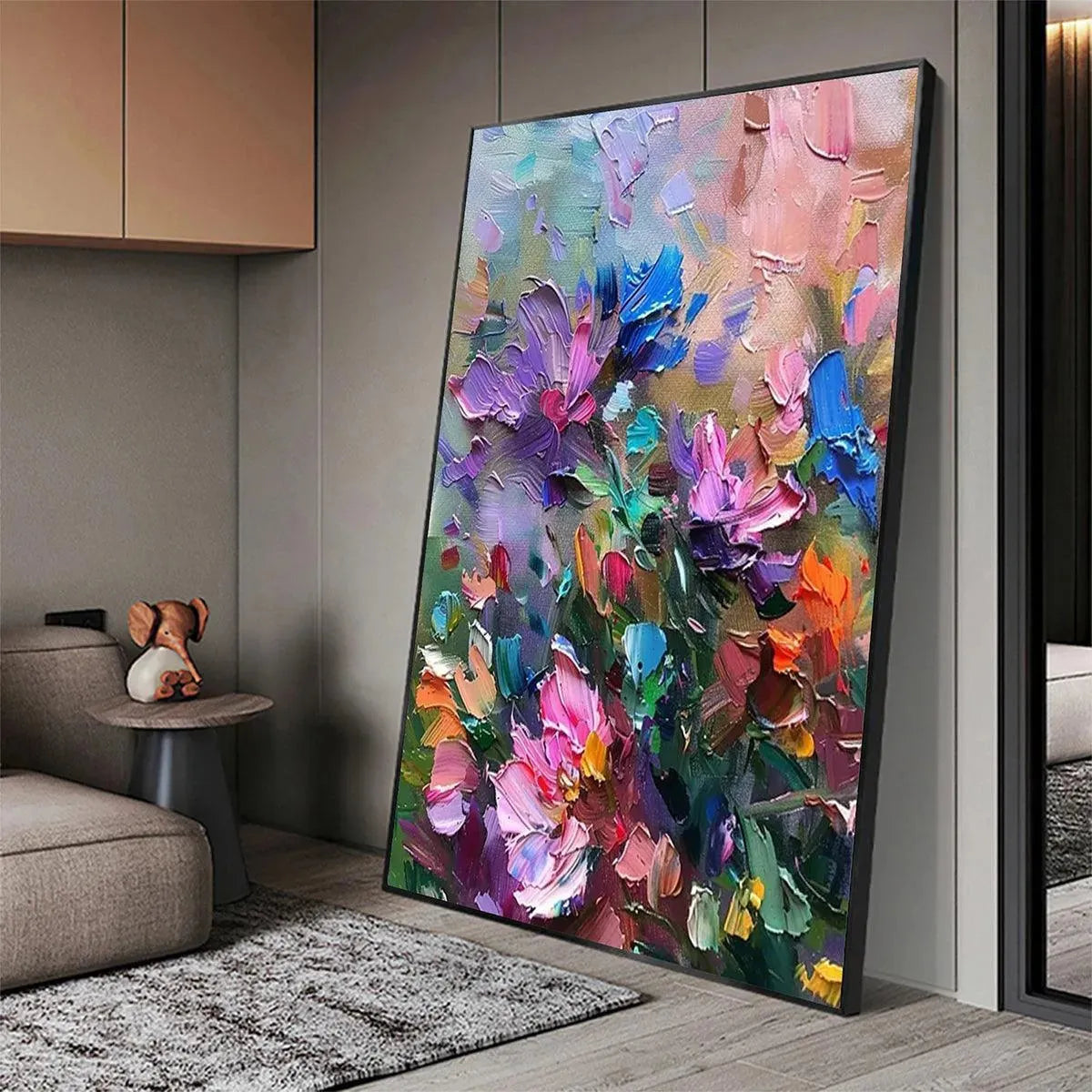 Colorful Bloom: Vertical impasto floral painting by Elodie Dubois, featuring vibrant colors and textured impasto
