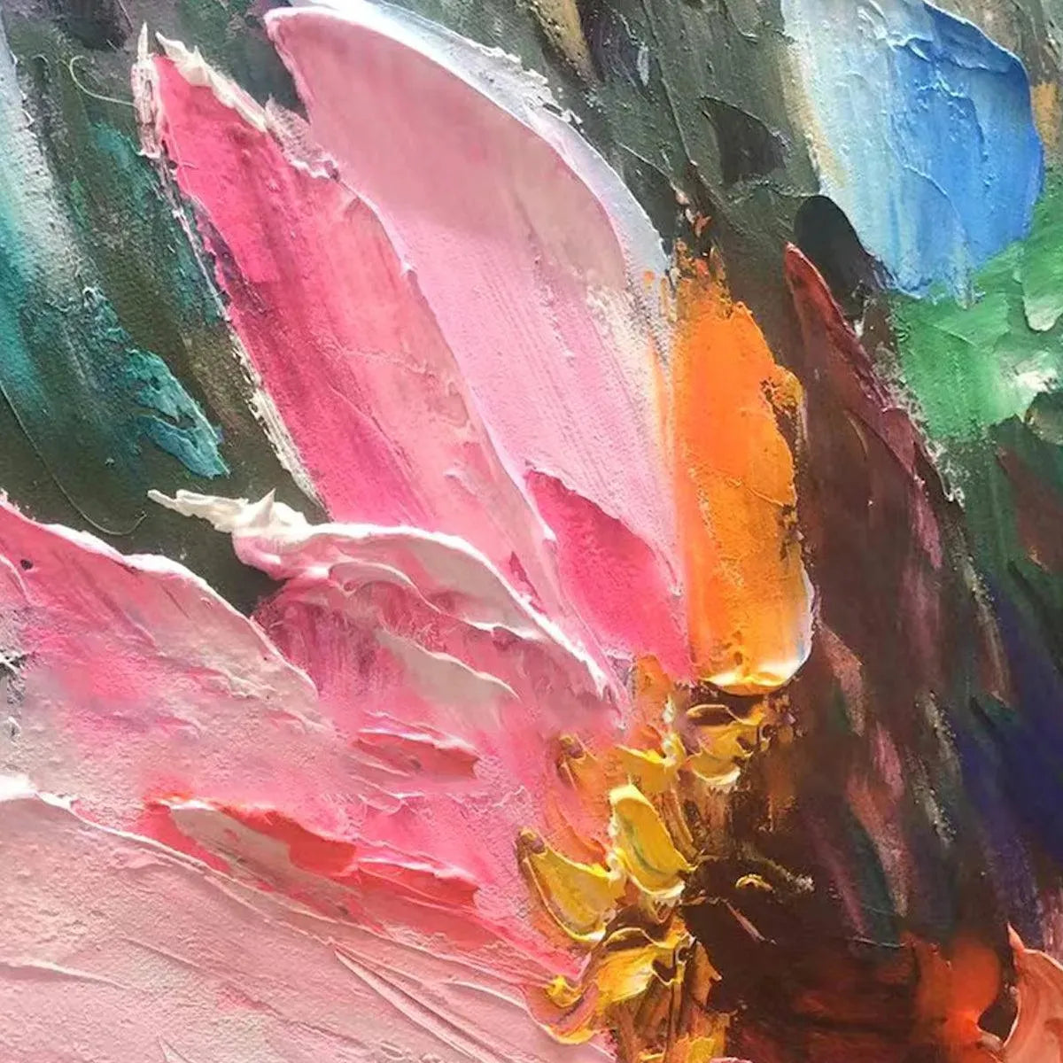 Colorful Bloom: Vertical impasto floral painting by Elodie Dubois, featuring vibrant colors and textured impasto