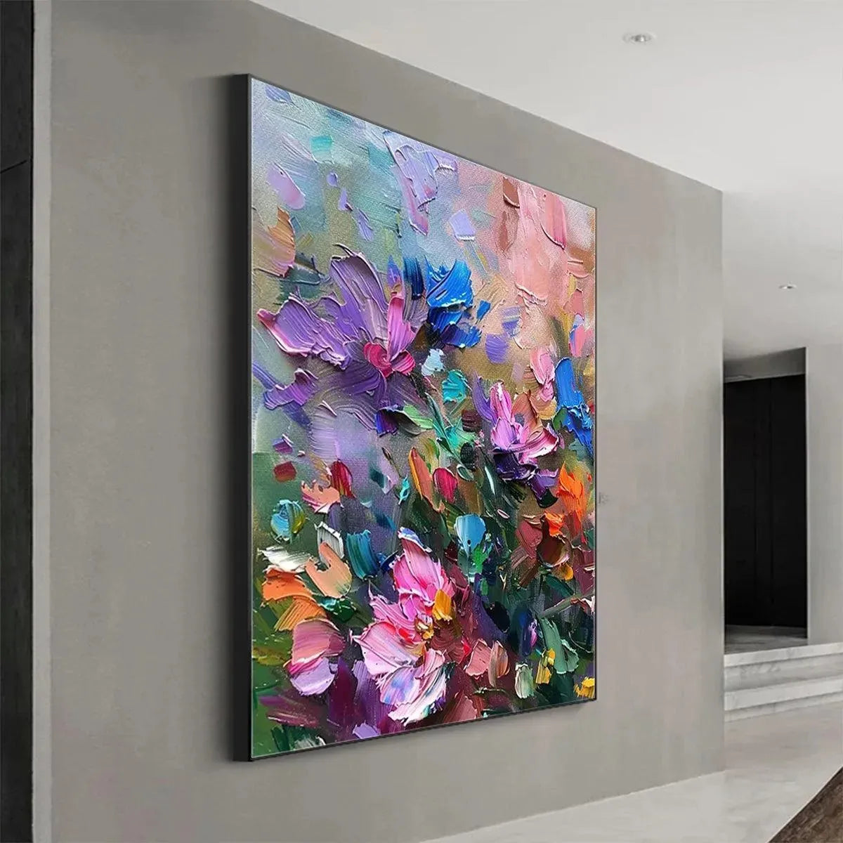 Colorful Bloom: Vertical impasto floral painting by Elodie Dubois, featuring vibrant colors and textured impasto