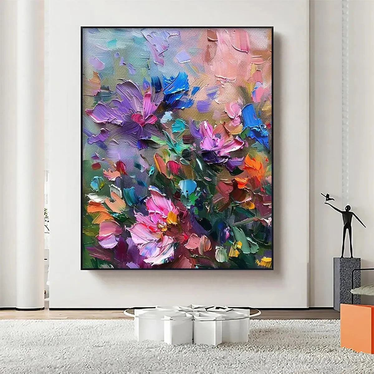 Colorful Bloom: Vertical impasto floral painting by Elodie Dubois, featuring vibrant colors and textured impasto