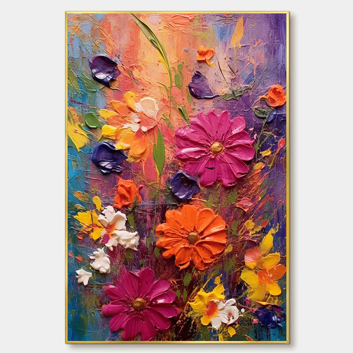 Vertical Impasto Floral Painting, Vibrant Colorful Flowers, Textured Wall Art