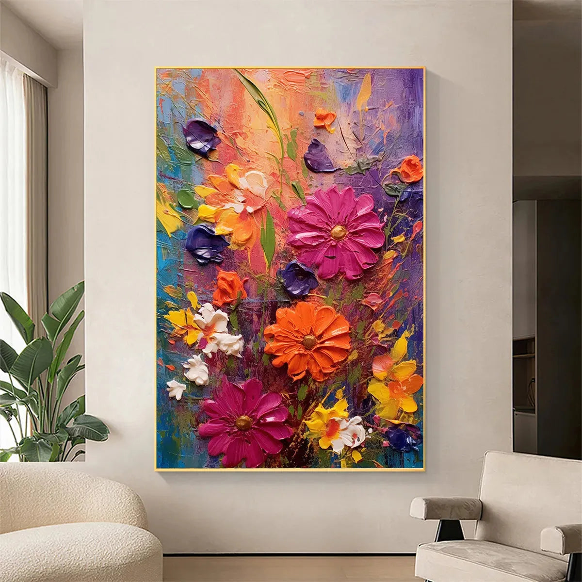 Vertical Impasto Floral Painting, Vibrant Colorful Flowers, Textured Wall Art