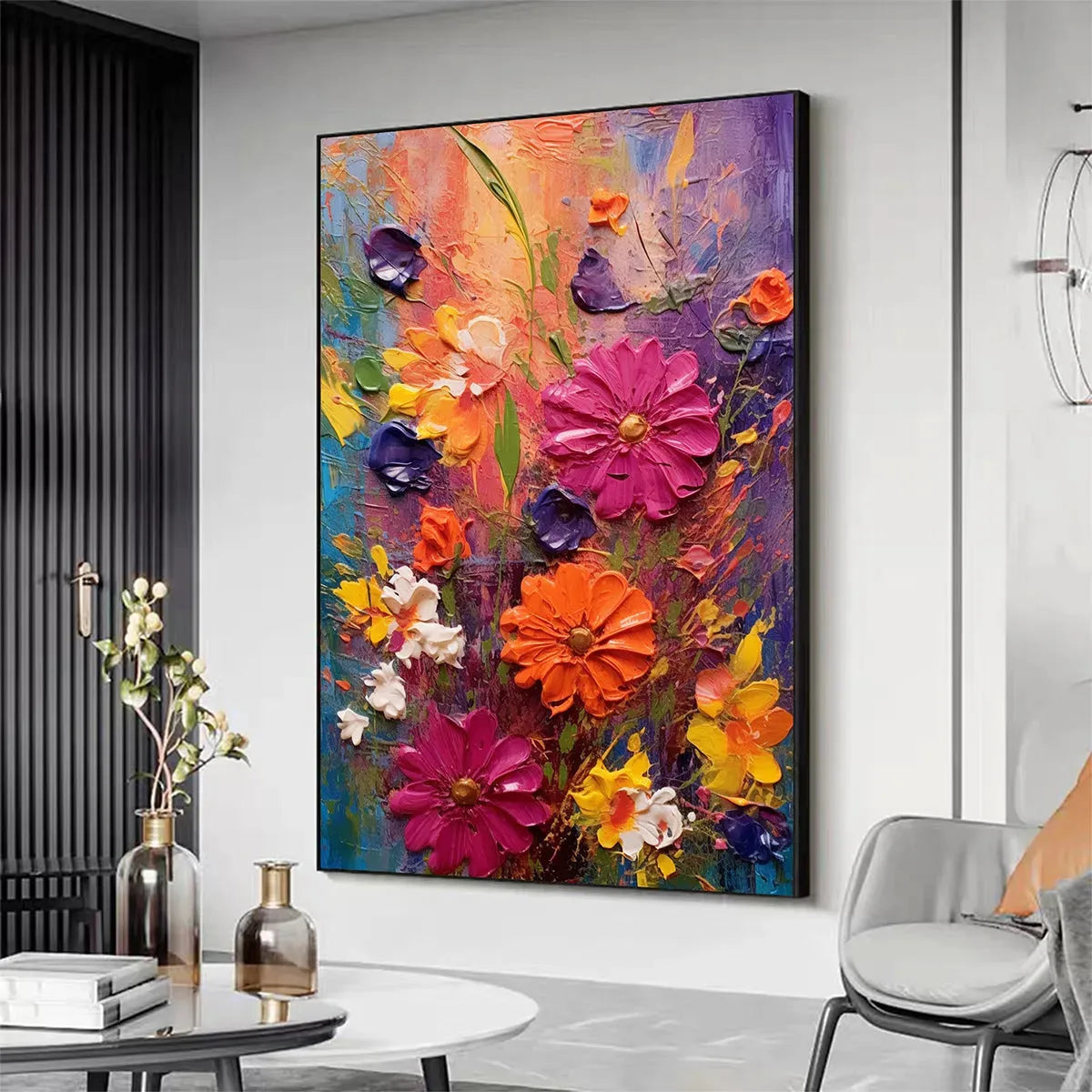 Vertical Impasto Floral Painting, Vibrant Colorful Flowers, Textured Wall Art
