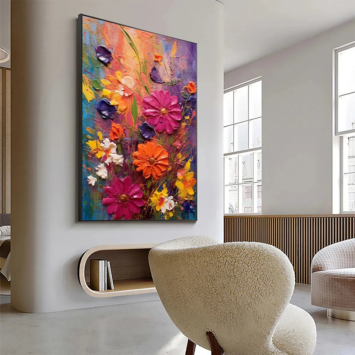 Vertical Impasto Floral Painting, Vibrant Colorful Flowers, Textured Wall Art