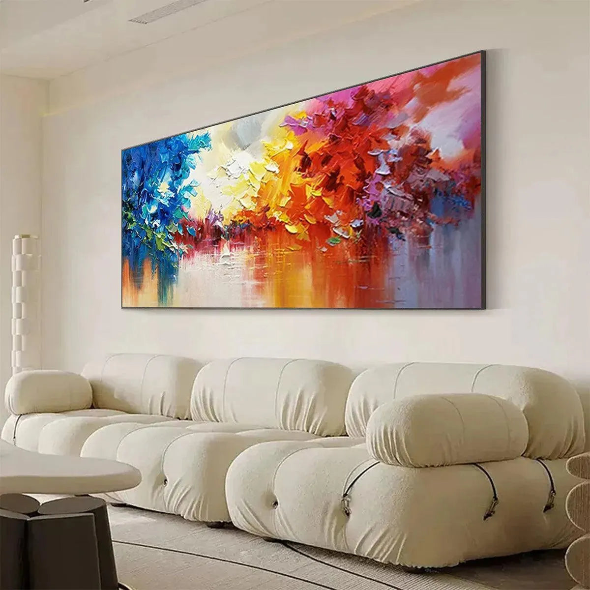 Colorful Reflections original abstract landscape painting with textured impasto brushstrokes in vibrant blues, oranges, yellows, and reds.