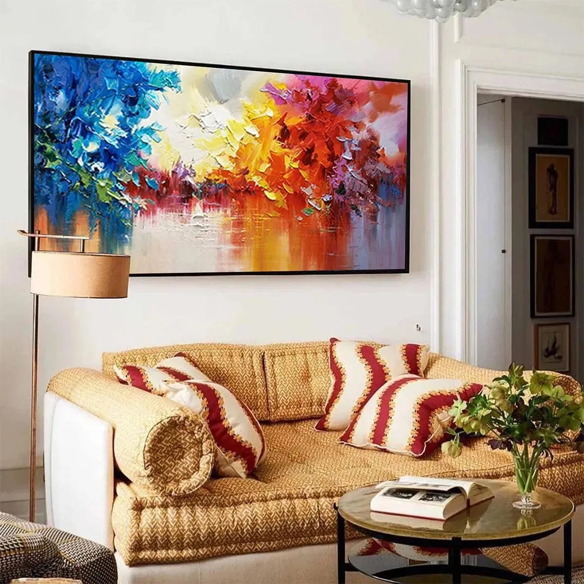 Colorful Reflections original abstract landscape painting with textured impasto brushstrokes in vibrant blues, oranges, yellows, and reds.