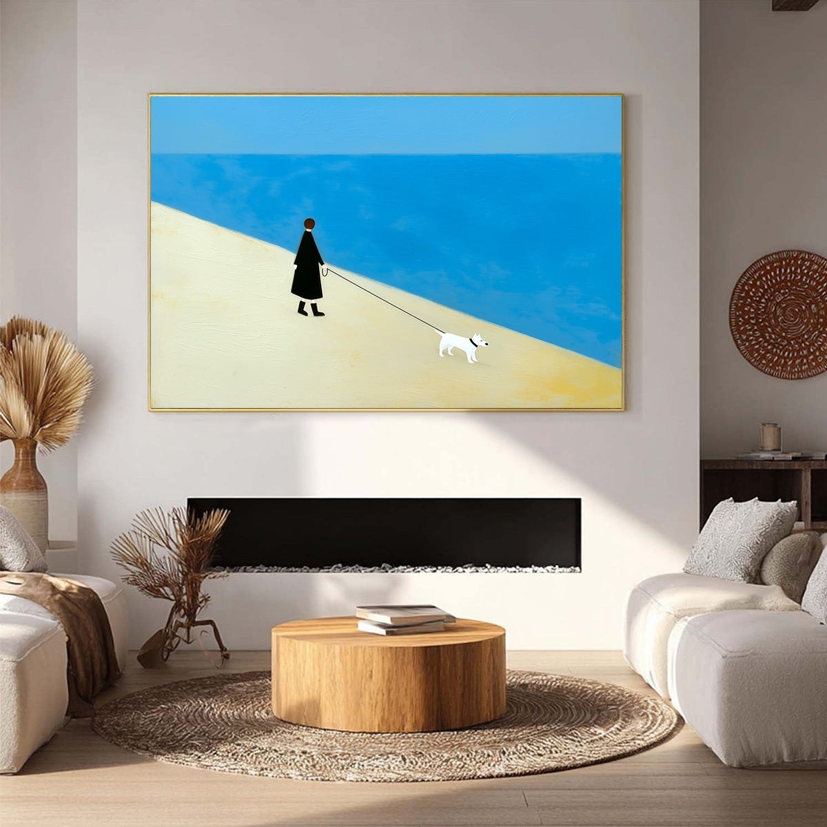 Original handmade textured minimalist painting 'Companion' seaside stroll wall art.