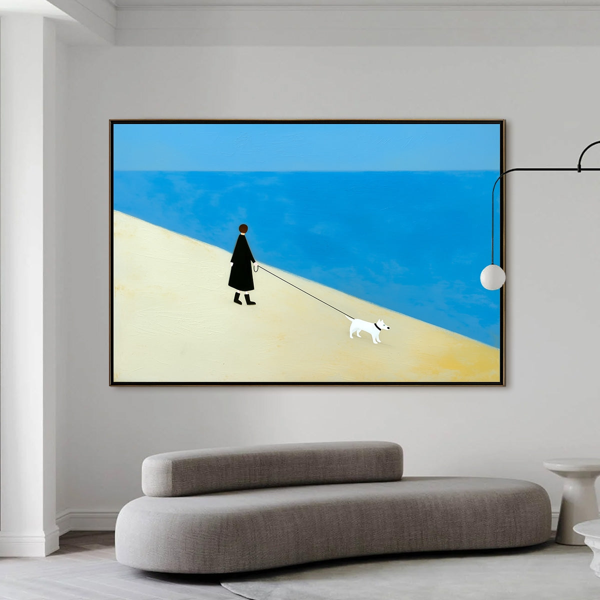 Companion original textured minimalist painting: person walking dog by blue sea.