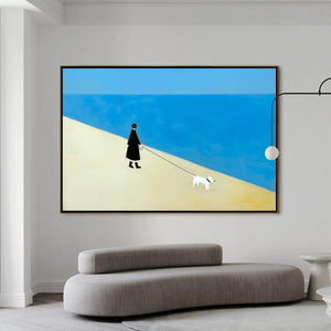 Companion original textured minimalist painting: person walking dog by blue sea.