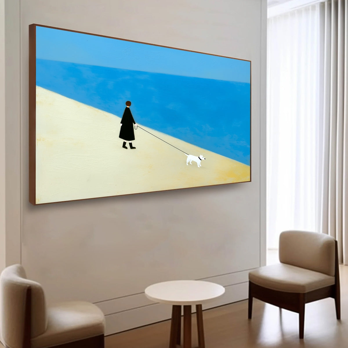 Modern wall art: Textured original oil painting of person walking dog by sea.